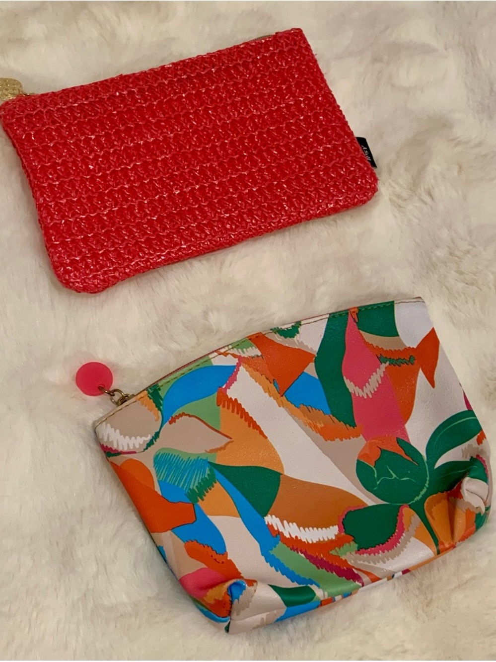 Pink Strawberry Straw Texture and Abstract Color Cosmetic Pouch Set